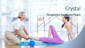  Presentation with exercise trainer - Beautiful presentation design featuring exercise mat in medical office backdrop and a cool aqua colored foreground