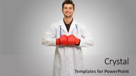  Presentation with rubber gloves doctor puts - Beautiful slide set featuring exercise science - young doctor wearing boxing gloves backdrop and a light gray colored foreground