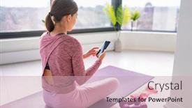  Presentation with online streaming - Presentation theme having exercise-staying-home-woman-watching background and a soft green colored foreground