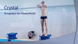  Presentation with swimming pool - Amazing PPT theme having exercise stroke - muscular swimmer preparing to jump backdrop and a light blue colored foreground