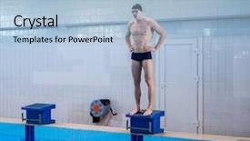  Presentation with jumping into a pool - Slide deck having exercise stroke - muscular swimmer preparing to jump background and a light blue colored foreground