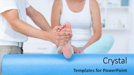  Presentation with exercise doctor - Amazing slide deck having exercise therapy - doctor examining his patients leg backdrop and a  colored foreground