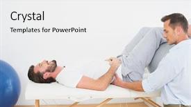  Presentation with gym ball - Beautiful presentation theme featuring exercise therapy - physical therapist assisting young man backdrop and a  colored foreground