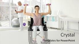  Presentation with rehabilitation - Audience pleasing slides consisting of exercise therapy - young disabled woman with senior backdrop and a light gray colored foreground
