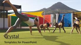  Presentation with exercise trainer - Colorful PPT theme enhanced with exercise to students in school backdrop and a gold colored foreground