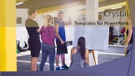  Presentation with athletes - Beautiful slide deck featuring exercise training course group of young athletes getting instructions from trainer before exercise at a gym backdrop and a yellow colored foreground