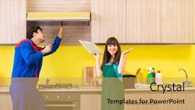  Presentation with repair - Presentation theme enhanced with exhaust fan - woman with contractor at kitchen background and a  colored foreground