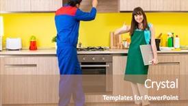  Presentation with repair - Theme enhanced with exhaust fan - woman with contractor at kitchen background and a  colored foreground