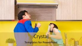  Presentation with repair audio technic - Beautiful slide deck featuring exhaust fan - woman with contractor at kitchen backdrop and a  colored foreground