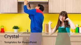  Presentation with repair - Cool new PPT theme with exhaust fan - woman with contractor at kitchen backdrop and a  colored foreground