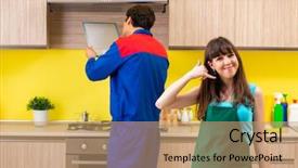  Presentation with repair - PPT layouts enhanced with exhaust fan - woman with contractor at kitchen background and a coral colored foreground
