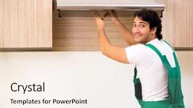  Presentation with conditioner - Beautiful theme featuring exhaust fan - young contractor repairing air-conditioner backdrop and a sky blue colored foreground