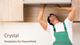  Presentation with conditioner - PPT layouts having exhaust fan - young contractor repairing air-conditioner background and a cream colored foreground