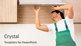  Presentation with conditioner - PPT layouts with exhaust fan - young contractor repairing air-conditioner background and a sky blue colored foreground