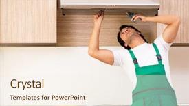  Presentation with conditioner - Cool new PPT theme with exhaust fan - young contractor repairing air-conditioner backdrop and a sky blue colored foreground