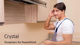  Presentation with equipment - Slides with exhaust fan - young man working with kitchen background and a  colored foreground