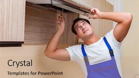  Presentation with kitchen tools and equipment - Audience pleasing slides consisting of exhaust fan - young man working with kitchen backdrop and a  colored foreground