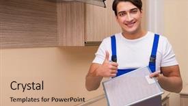  Presentation with kitchen tools and equipment - PPT layouts consisting of exhaust fan - young man working with kitchen background and a  colored foreground