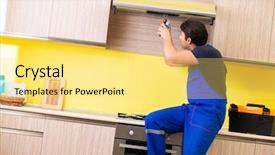  Presentation with kitchen furniture - Theme featuring exhaust fan - young service contractor assembling kitchen background and a  colored foreground