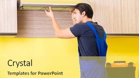  Presentation with kitchen furniture - Amazing theme having exhaust fan - young service contractor assembling kitchen backdrop and a  colored foreground
