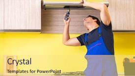  Presentation with kitchen furniture - Audience pleasing slide deck consisting of exhaust fan - young service contractor assembling kitchen backdrop and a yellow colored foreground