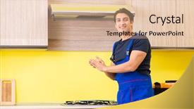  Presentation with kitchen furniture - PPT theme enhanced with exhaust fan - young service contractor assembling kitchen background and a lemonade colored foreground