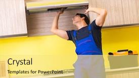  Presentation with kitchen furniture - Amazing PPT theme having exhaust fan - young service contractor assembling kitchen backdrop and a yellow colored foreground