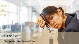  Presentation with burnout - PPT theme consisting of exhausted businesswoman with burnout background and a soft green colored foreground