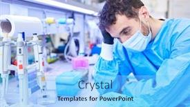  Presentation with case - Cool new PPT theme with exhausted-doctor-has-to-decide backdrop and a light blue colored foreground