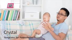  Presentation with home care - Theme enhanced with exhausted father taking care baby background and a coral colored foreground