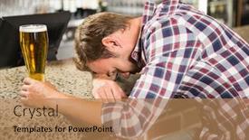  Presentation with pub - PPT theme featuring exhausted man leaning his head on the counter in a pub background and a coral colored foreground