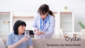  Presentation with old young - Beautiful slide deck featuring exhausted nurse - young doctor visiting old mature backdrop and a  colored foreground