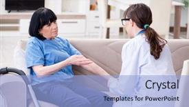  Presentation with doctor visiting family - PPT theme featuring exhausted nurse - young doctor visiting old mature background and a light blue colored foreground