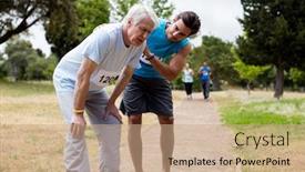  Presentation with park - Colorful slide deck enhanced with exhausted-senior-man-in-park backdrop and a coral colored foreground