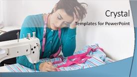  Presentation with tailor made - Beautiful presentation theme featuring exhausted tailor leaning on workbench backdrop and a light gray colored foreground