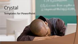  Presentation with school desk - PPT theme having exhausted teacher laying on desk background and a light gray colored foreground