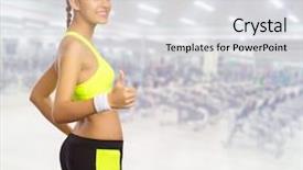 Presentation with sporty - Slide deck consisting of exhausted woman - sporty girl shows ok gesture background and a light gray colored foreground