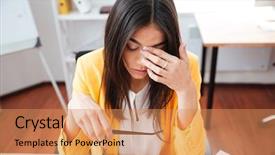  Presentation with power tactics at workplace - Cool new presentation with exhausted woman - tired businesswoman sitting at her backdrop and a coral colored foreground