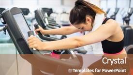  Presentation with exercise bike - Theme having exhausted woman on the exercise background and a  colored foreground