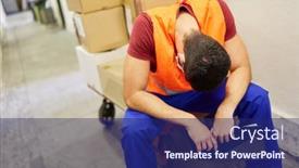  Presentation with warehouse - Slide set featuring exhausted-worker-in-the-warehouse background and a navy blue colored foreground