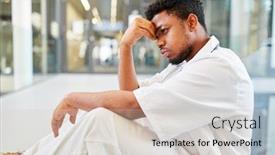  Presentation with burnout - PPT theme with exhausted-young-doctor-with-burnout background and a soft green colored foreground