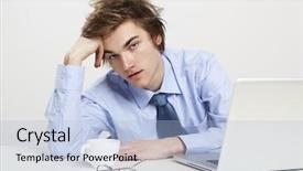  Presentation with front office - Cool new presentation theme with exhausted young man in the office with the laptop on his front backdrop and a light blue colored foreground