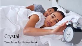  Presentation with sound - Presentation design enhanced with exhausted young woman waking up to alarm clock sound early morning for work background and a light gray colored foreground