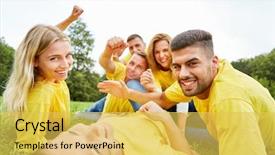  Presentation with award winner announcement - Slide set featuring exhaustion - proud winner team lies exhausted background and a yellow colored foreground