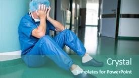  Presentation with healthcare workers - Colorful presentation theme enhanced with exhaustion - sad surgeon sitting on floor backdrop and a ocean colored foreground