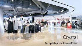  Presentation with mall - Slides consisting of exhibition poster - fashion clothes shopfront in shopping background and a lemonade colored foreground