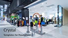  Presentation with fashion - Audience pleasing presentation design consisting of exhibition poster - mannequins in fashion shop display backdrop and a light blue colored foreground