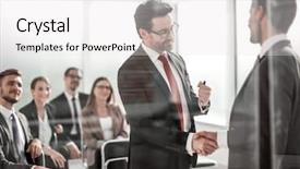  Presentation with business and politics handshake - Colorful presentation theme enhanced with exhibitions conferences - handshake business partners backdrop and a light gray colored foreground