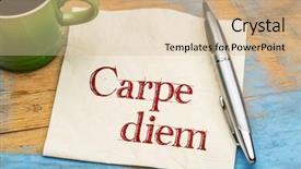  Presentation with coffee cup - Amazing slide deck having existentialism - carpe diem - handwriting backdrop and a lemonade colored foreground