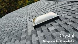  Presentation with shingles roof - Slide deck having exit-roof-window-on-shingles background and a gray colored foreground